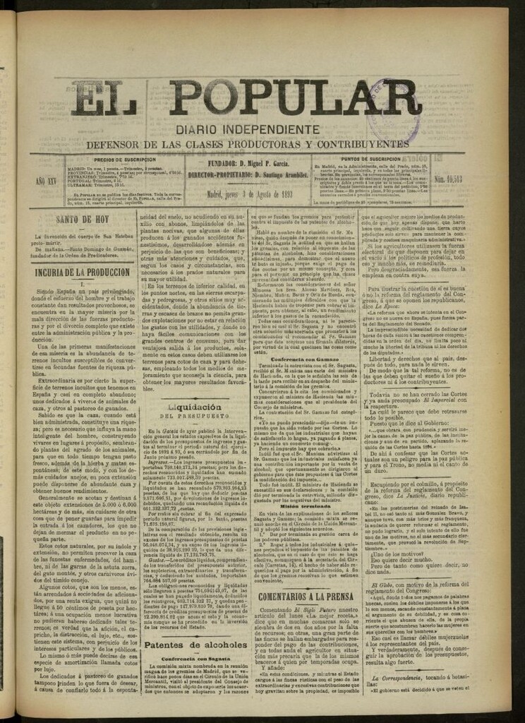 Miniatura de El Popular: diario independiente, político, literario y de noticias de interés general del 3 de agosto de 1893, nº 10513
