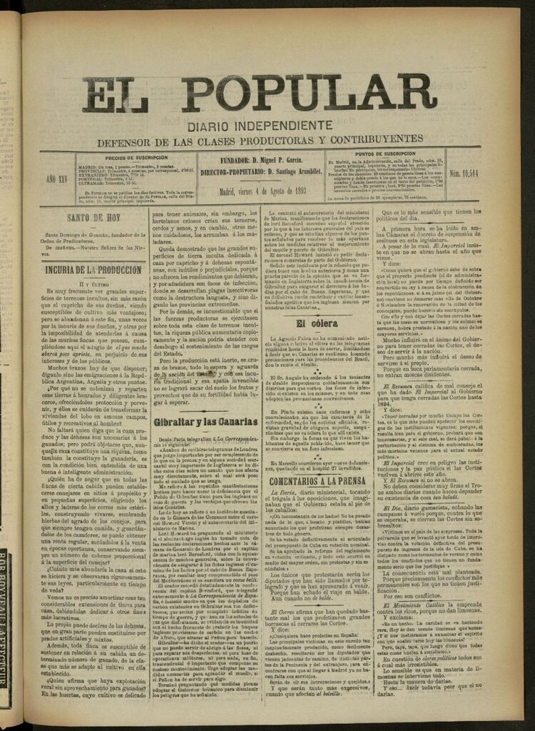 Miniatura de El Popular: diario independiente, político, literario y de noticias de interés general del 4 de agosto de 1893, nº 10514