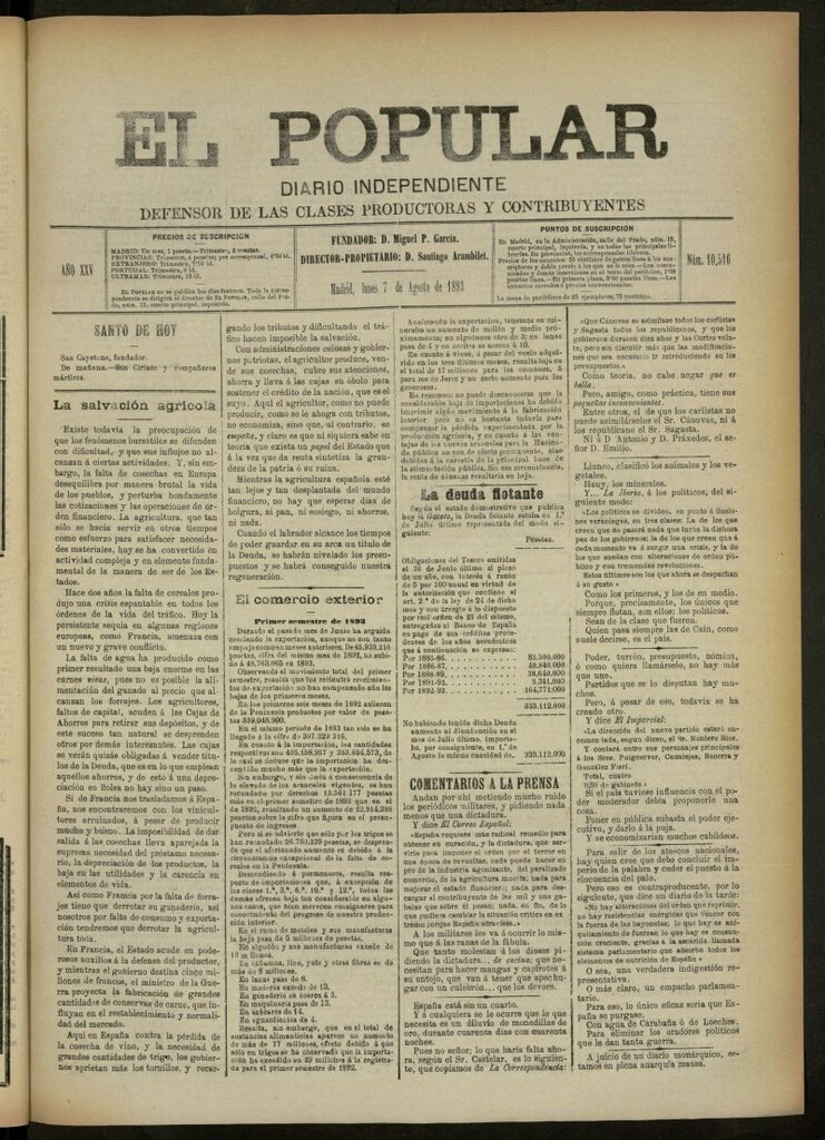 Miniatura de El Popular: diario independiente, político, literario y de noticias de interés general del 7 de agosto de 1893, nº 10516