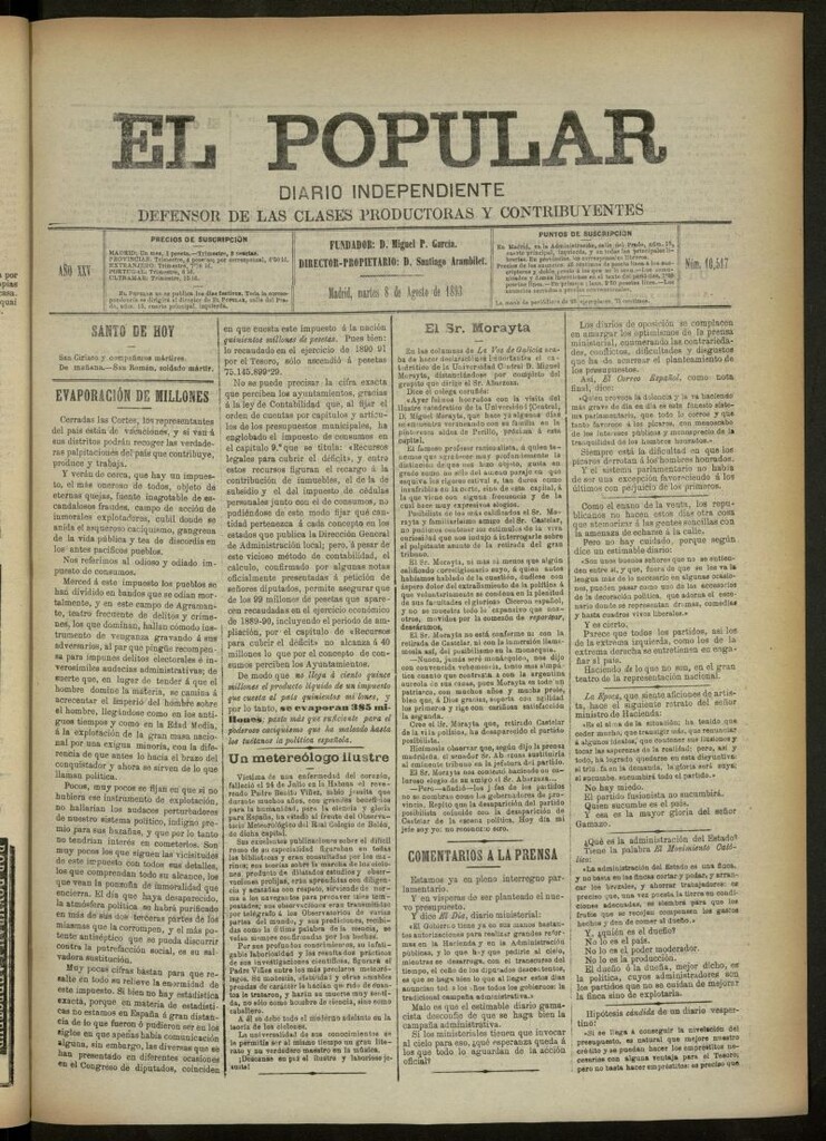 Miniatura de El Popular: diario independiente, político, literario y de noticias de interés general del 8 de agosto de 1893, nº 10517