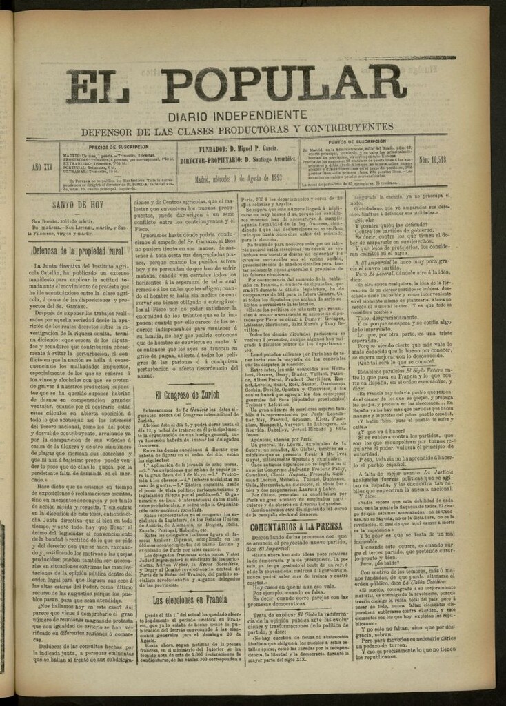 Miniatura de El Popular: diario independiente, político, literario y de noticias de interés general del 9 de agosto de 1893, nº 10518