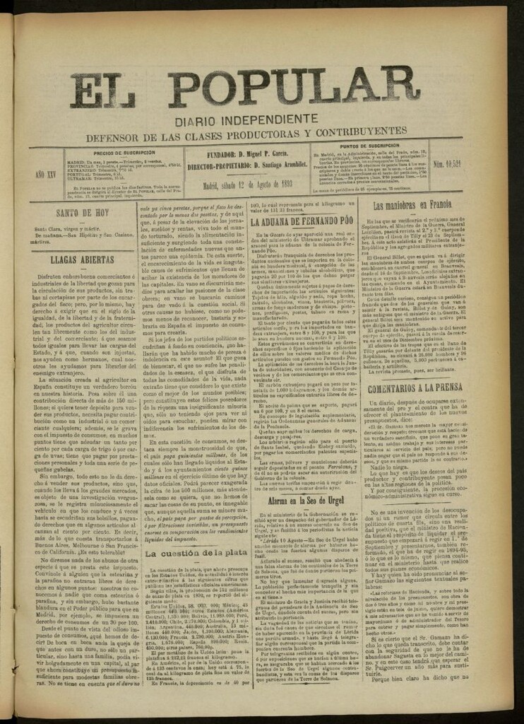 Miniatura de El Popular: diario independiente, político, literario y de noticias de interés general del 12 de agosto de 1893, nº 10521