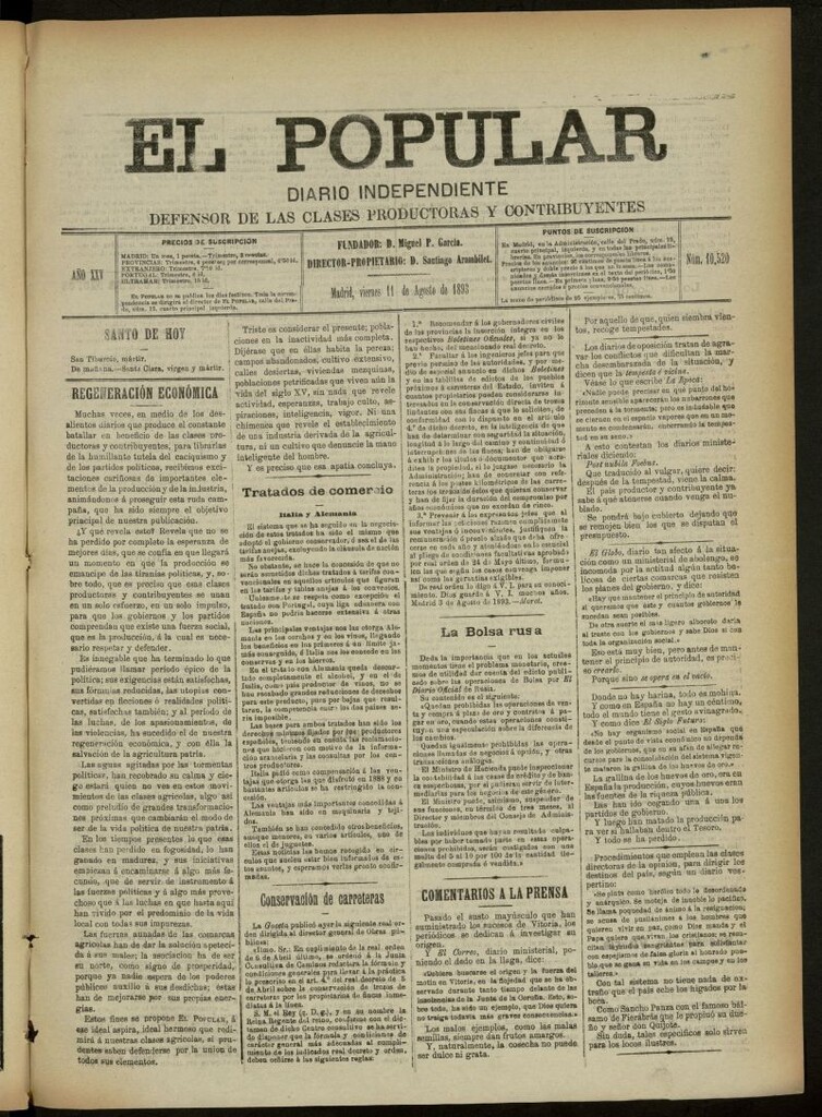 Miniatura de El Popular: diario independiente, político, literario y de noticias de interés general del 11 de agosto de 1893, nº 10520