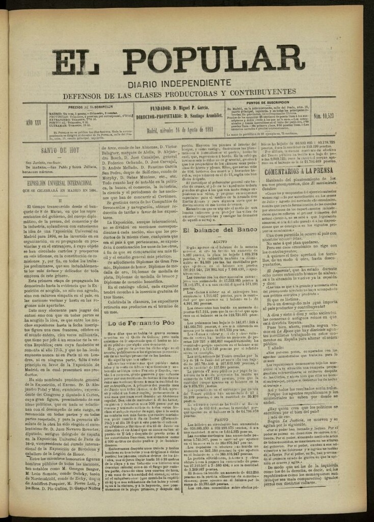 Miniatura de El Popular: diario independiente, político, literario y de noticias de interés general del 16 de agosto de 1893, nº 10523
