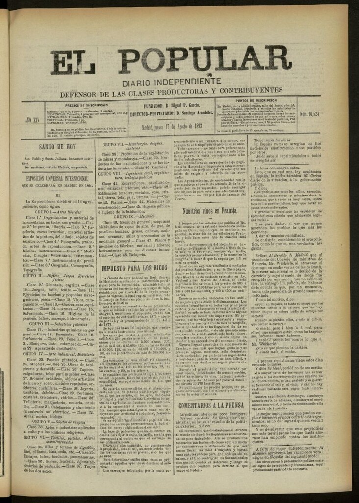 Miniatura de El Popular: diario independiente, político, literario y de noticias de interés general del 17 de agosto de 1893, nº 10524