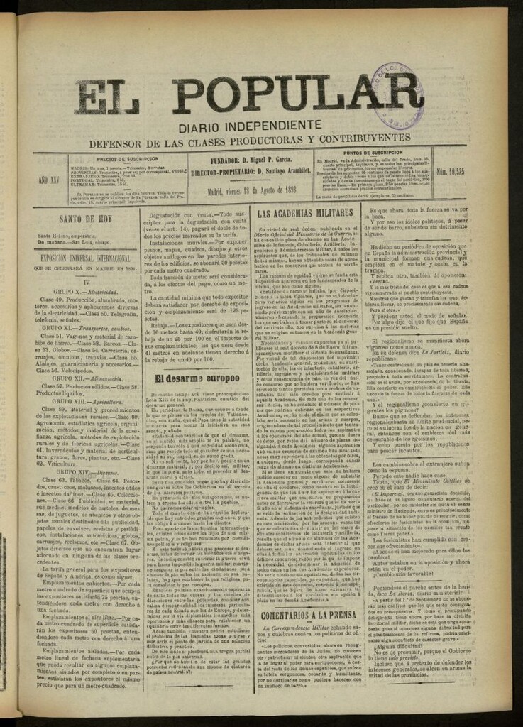 Miniatura de El Popular: diario independiente, político, literario y de noticias de interés general del 18 de agosto de 1893, nº 10525