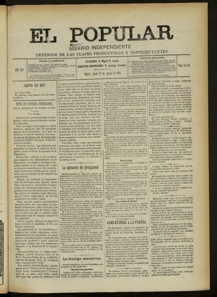 Miniatura de El Popular: diario independiente, político, literario y de noticias de interés general del 19 de agosto de 1893, nº 10526