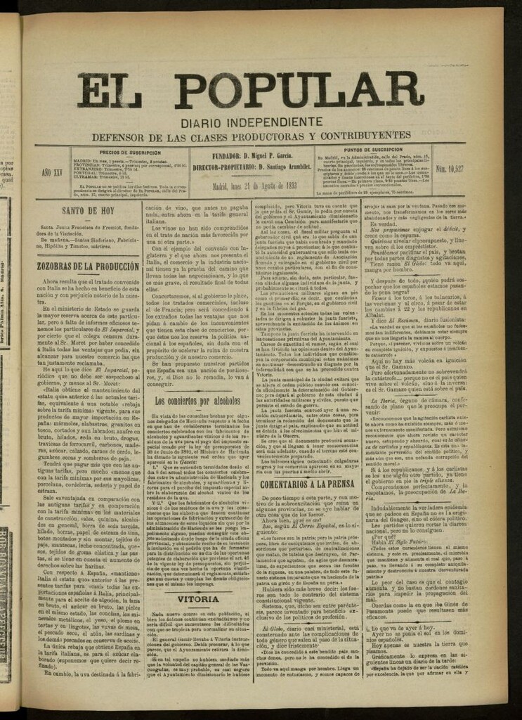 Miniatura de El Popular: diario independiente, político, literario y de noticias de interés general del 21 de agosto de 1893, nº 10527