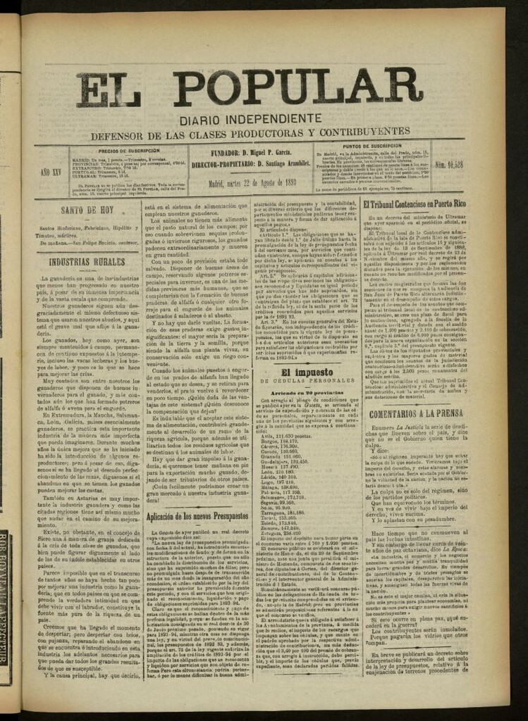 Miniatura de El Popular: diario independiente, político, literario y de noticias de interés general del 22 de agosto de 1893, nº 10528
