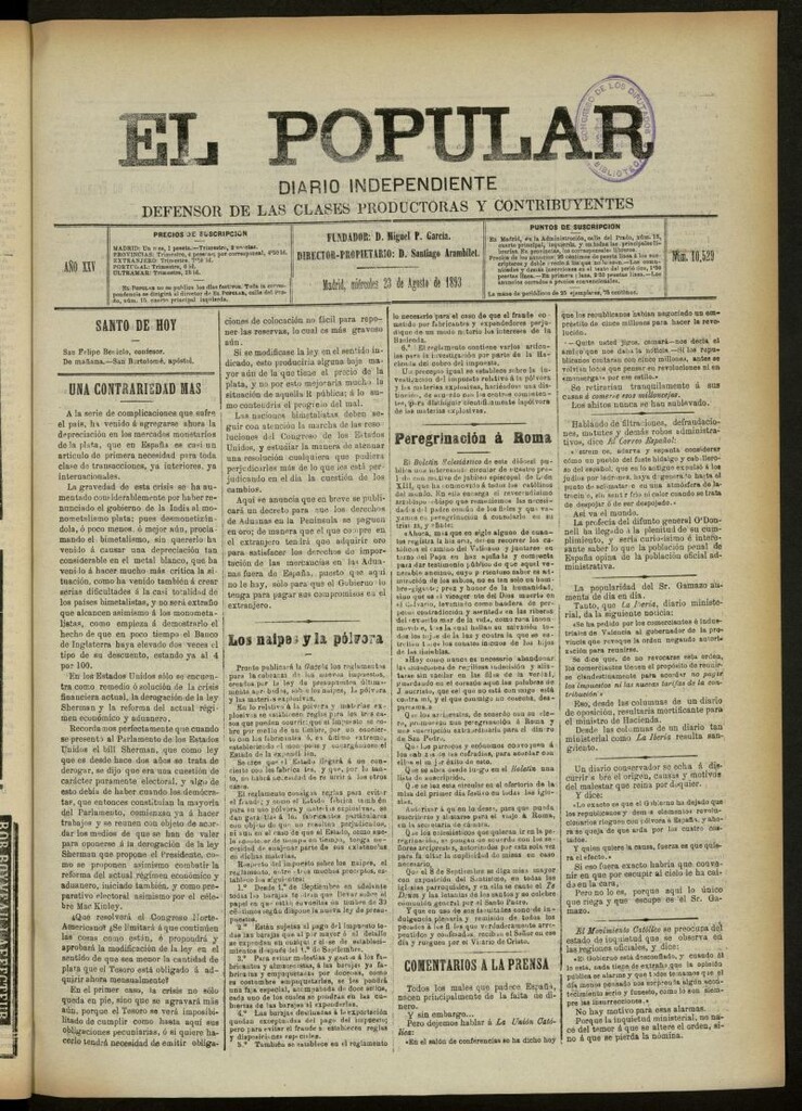 Miniatura de El Popular: diario independiente, político, literario y de noticias de interés general del 23 de agosto de 1893, nº 10529