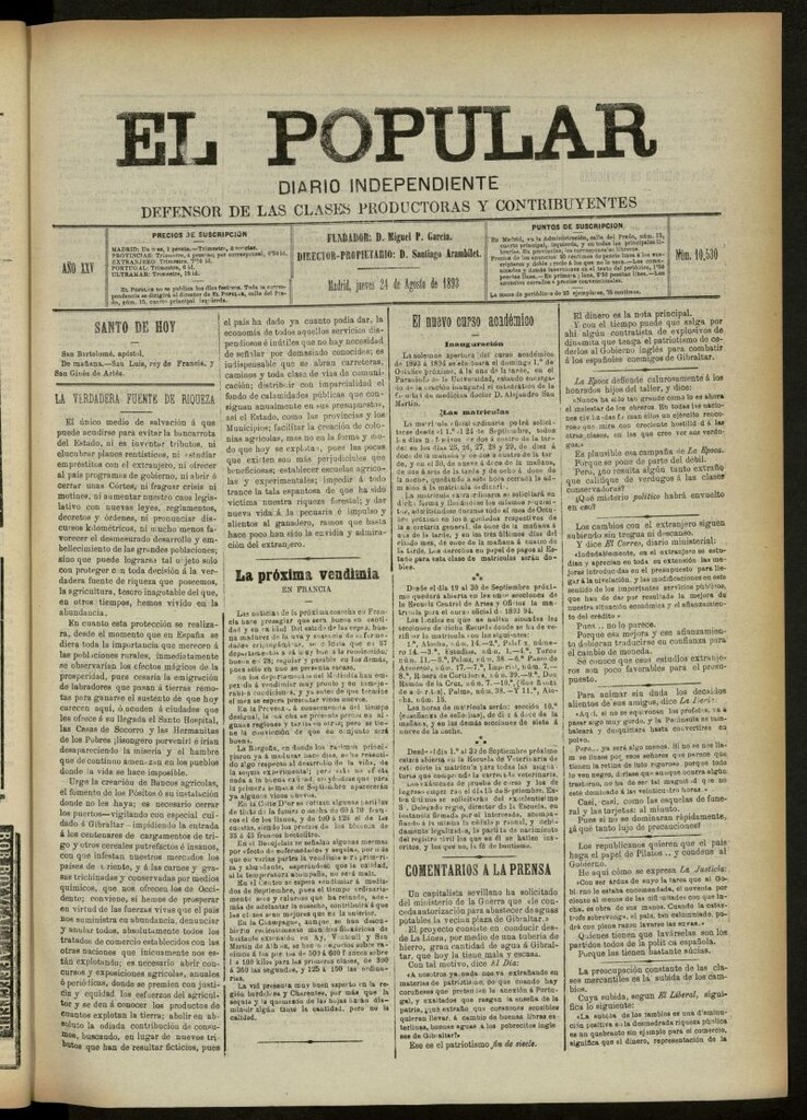 Miniatura de El Popular: diario independiente, político, literario y de noticias de interés general del 24 de agosto de 1893, nº 10530