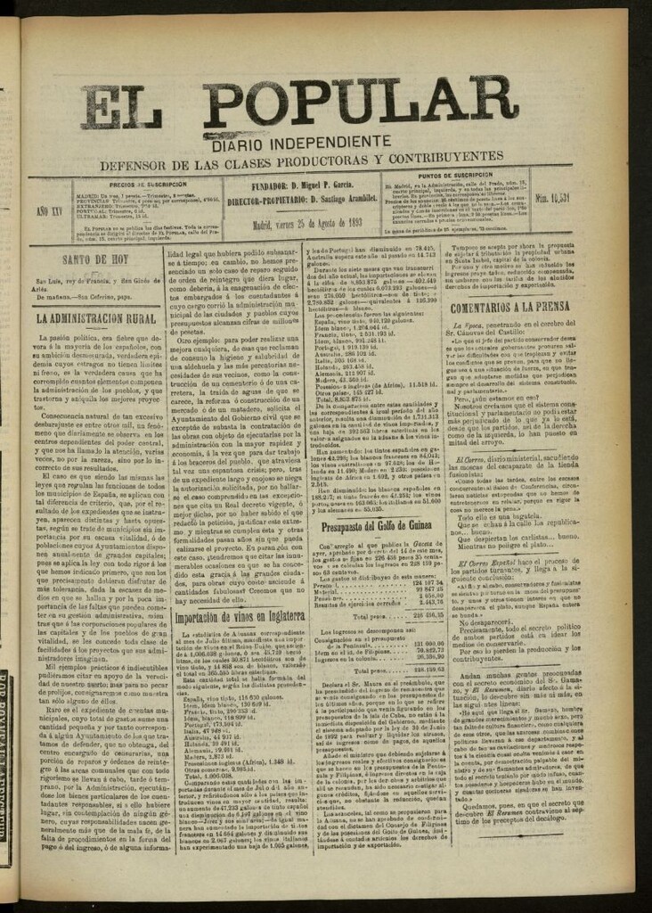 Miniatura de El Popular: diario independiente, político, literario y de noticias de interés general del 25 de agosto de 1893, nº 10531