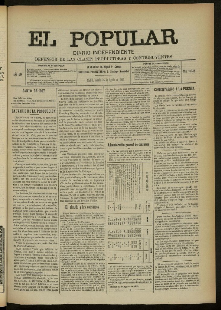 Miniatura de El Popular: diario independiente, político, literario y de noticias de interés general del 26 de agosto de 1893, nº 10532