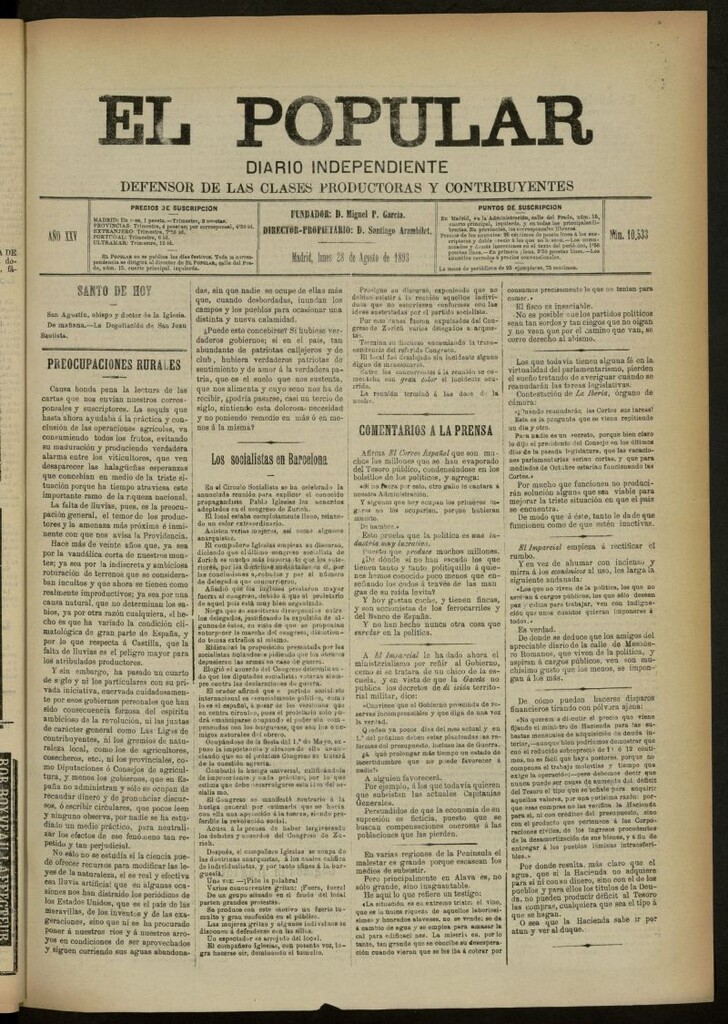 Miniatura de El Popular: diario independiente, político, literario y de noticias de interés general del 28 de agosto de 1893, nº 10533
