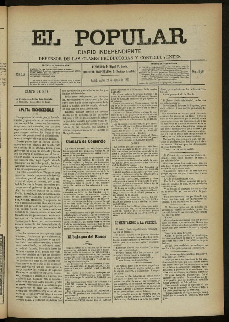 Miniatura de El Popular: diario independiente, político, literario y de noticias de interés general del 29 de agosto de 1893, nº 10534