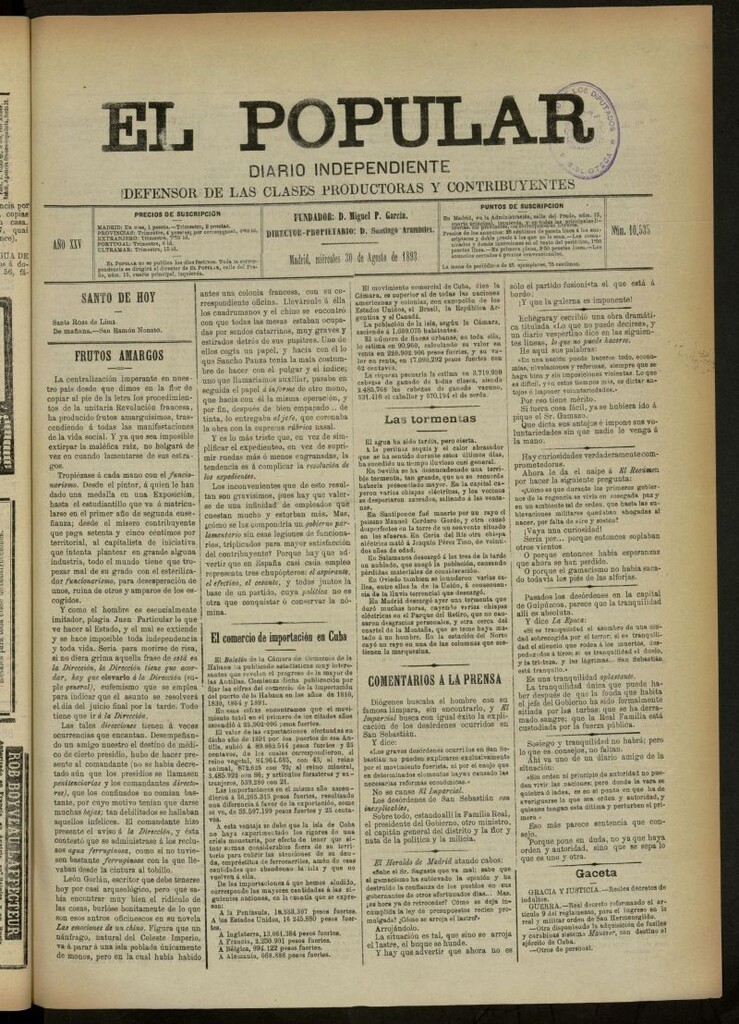 Miniatura de El Popular: diario independiente, político, literario y de noticias de interés general del 30 de agosto de 1893, nº 10535