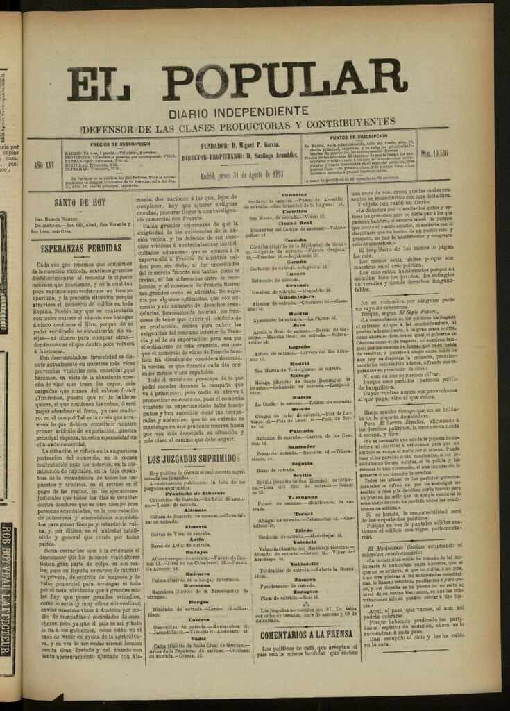 Miniatura de El Popular: diario independiente, político, literario y de noticias de interés general del 31 de agosto de 1893, nº 10536