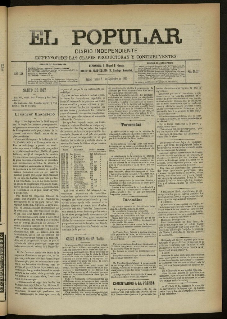Miniatura de El Popular: diario independiente, político, literario y de noticias de interés general del 1 de septiembre de 1893, nº 10537