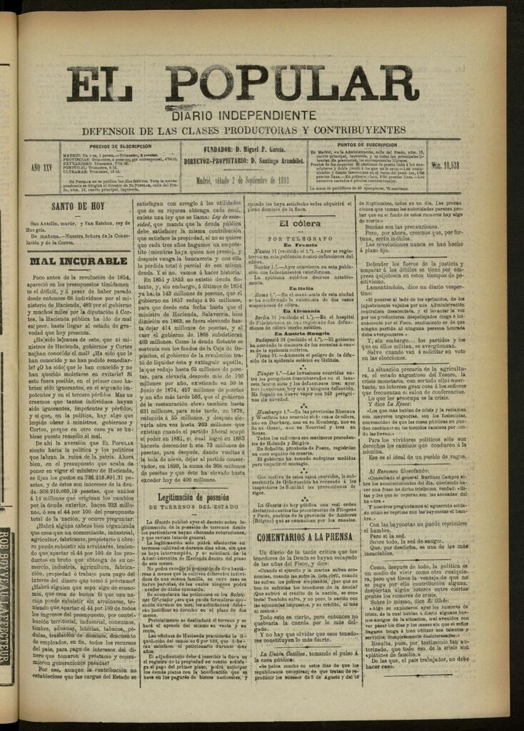 Miniatura de El Popular: diario independiente, político, literario y de noticias de interés general del 2 de septiembre de 1893, nº 10538