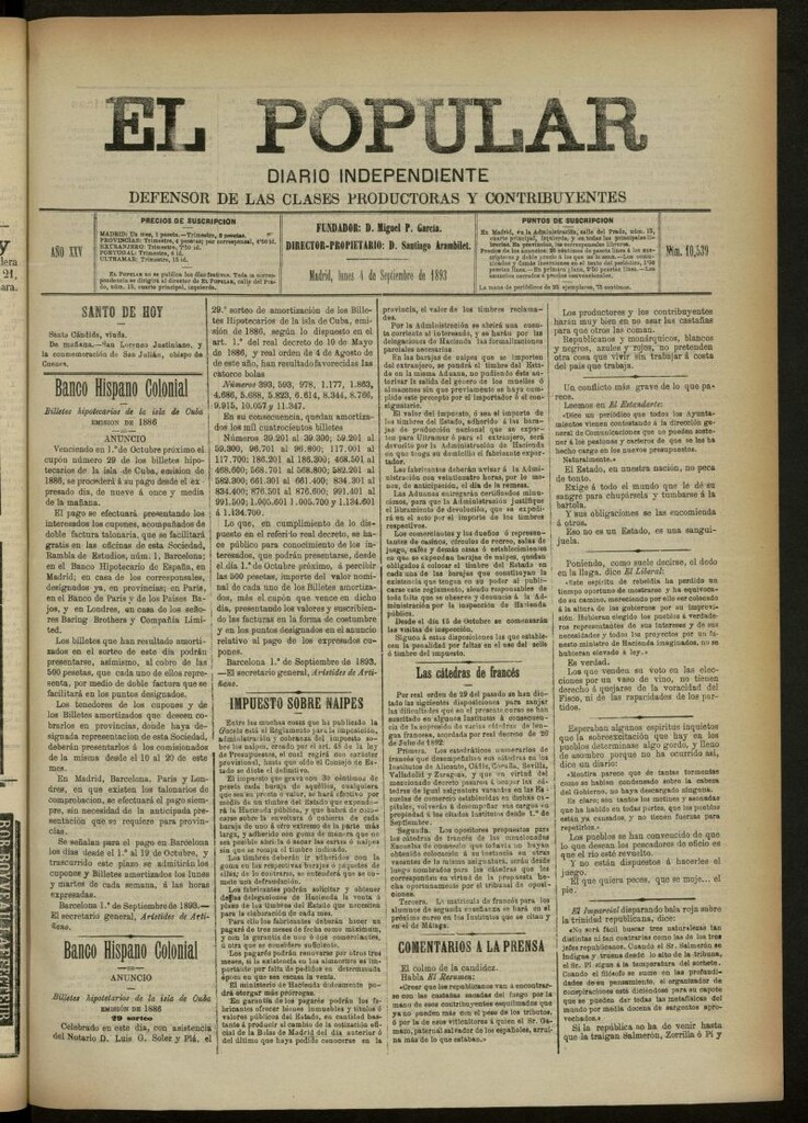 Miniatura de El Popular: diario independiente, político, literario y de noticias de interés general del 4 de septiembre de 1893, nº 10539
