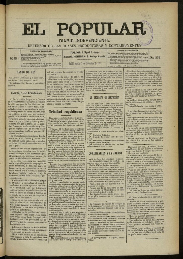 Miniatura de El Popular: diario independiente, político, literario y de noticias de interés general del 5 de septiembre de 1893, nº 10540