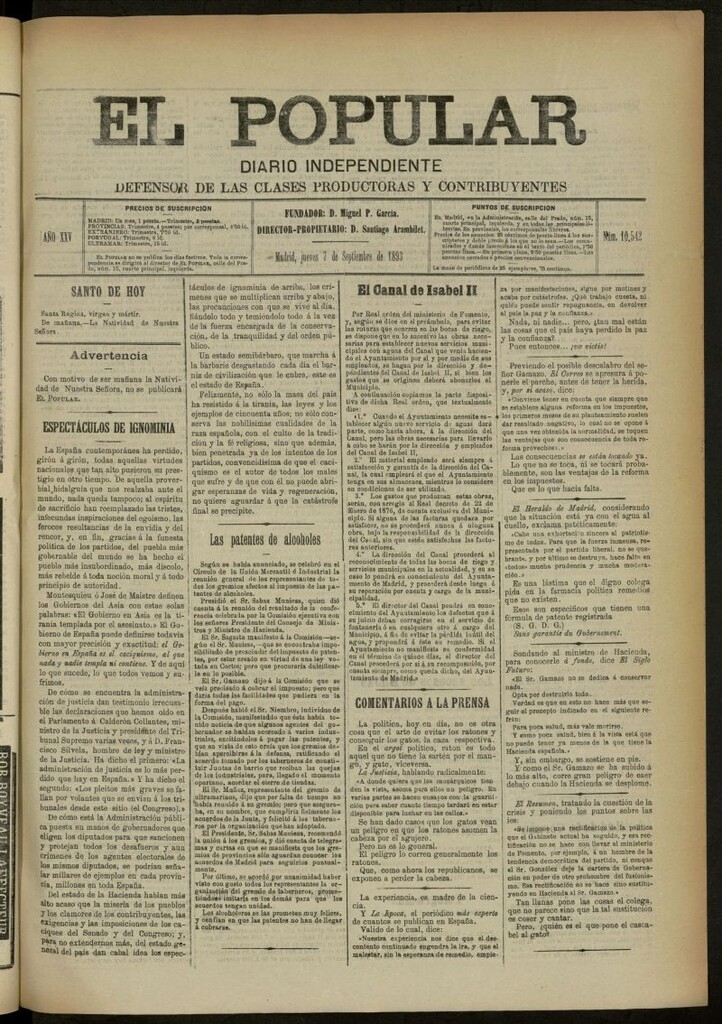Miniatura de El Popular: diario independiente, político, literario y de noticias de interés general del 7 de septiembre de 1893, nº 10542