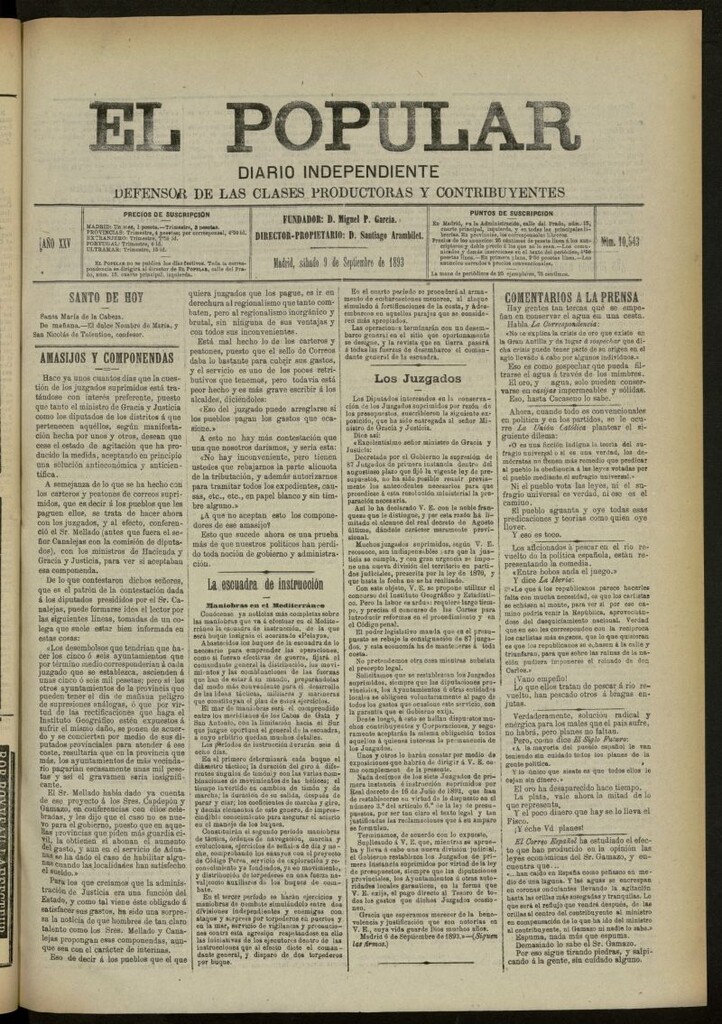 Miniatura de El Popular: diario independiente, político, literario y de noticias de interés general del 9 de septiembre de 1893, nº 10543