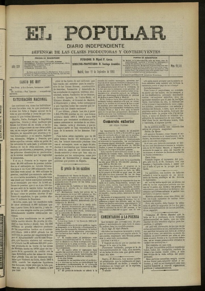 Miniatura de El Popular: diario independiente, político, literario y de noticias de interés general del 11 de septiembre de 1893, nº 10544