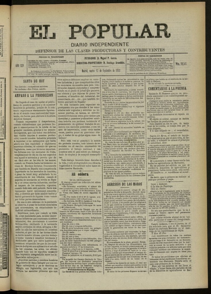 Miniatura de El Popular: diario independiente, político, literario y de noticias de interés general del 12 de septiembre de 1893, nº 10545