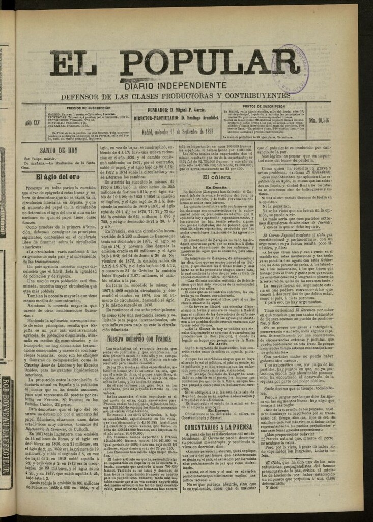 Miniatura de El Popular: diario independiente, político, literario y de noticias de interés general del 13 de septiembre de 1893, nº 10546