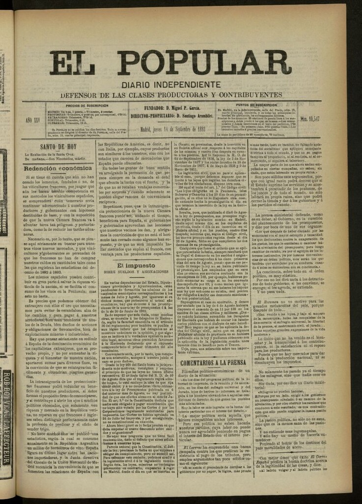 Miniatura de El Popular: diario independiente, político, literario y de noticias de interés general del 14 de septiembre de 1893, nº 10547