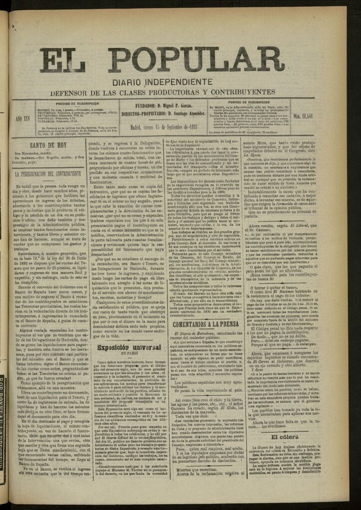 Miniatura de El Popular: diario independiente, político, literario y de noticias de interés general del 15 de septiembre de 1893, nº 10548