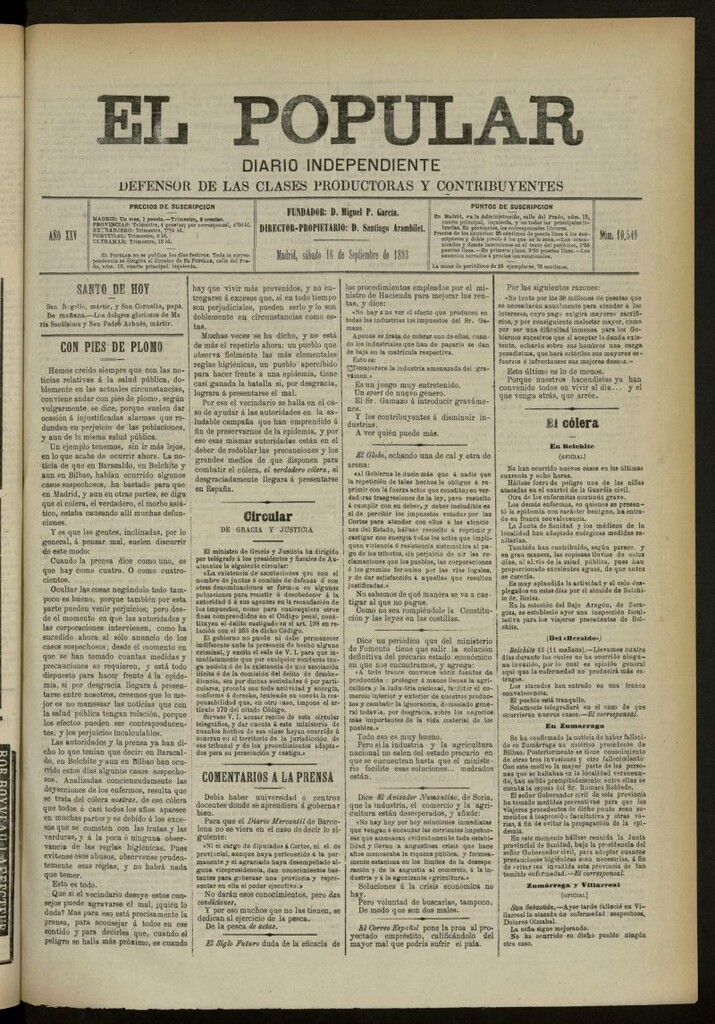 Miniatura de El Popular: diario independiente, político, literario y de noticias de interés general del 16 de septiembre de 1893, nº 10549