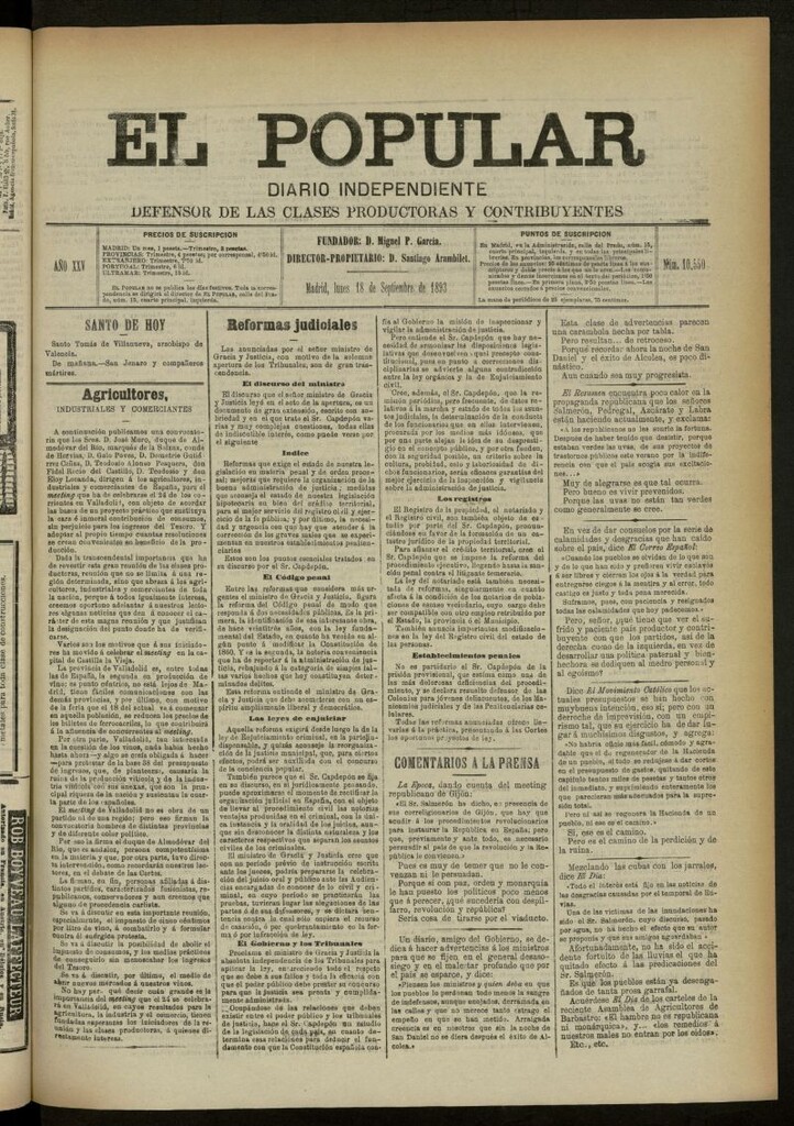 Miniatura de El Popular: diario independiente, político, literario y de noticias de interés general del 18 de septiembre de 1893, nº 10550