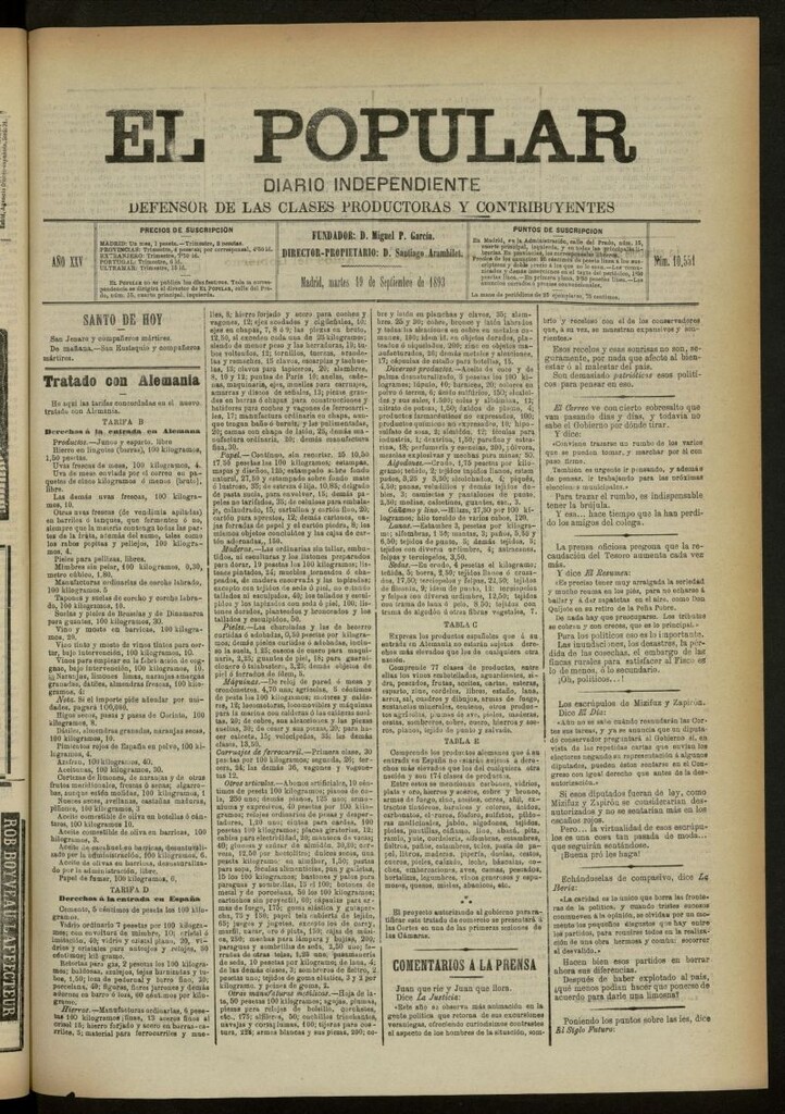 Miniatura de El Popular: diario independiente, político, literario y de noticias de interés general del 19 de septiembre de 1893, nº 10551