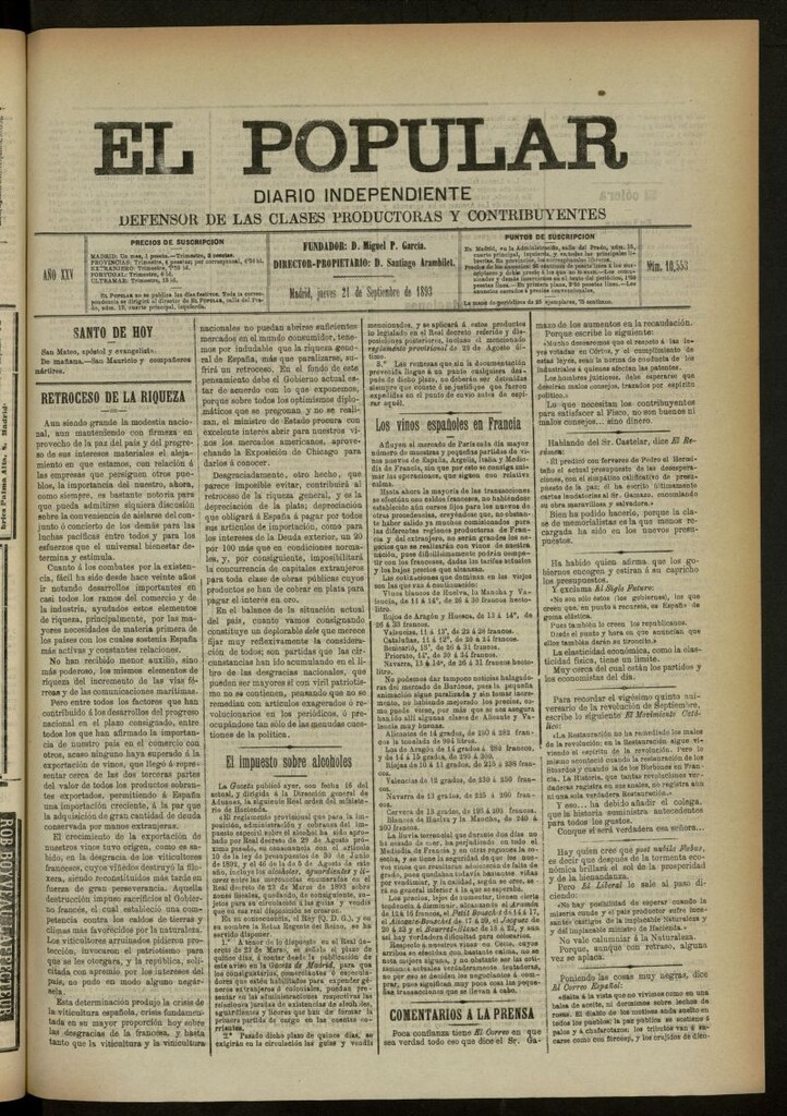 Miniatura de El Popular: diario independiente, político, literario y de noticias de interés general del 21 de septiembre de 1893, nº 10553
