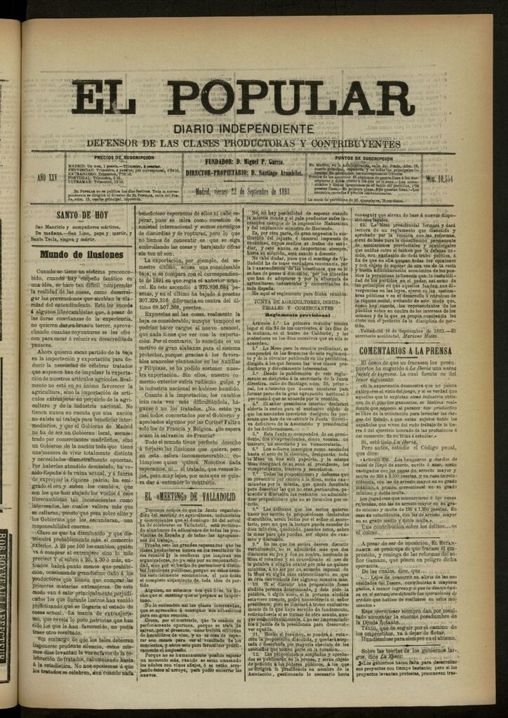 Miniatura de El Popular: diario independiente, político, literario y de noticias de interés general del 22 de septiembre de 1893, nº 10554