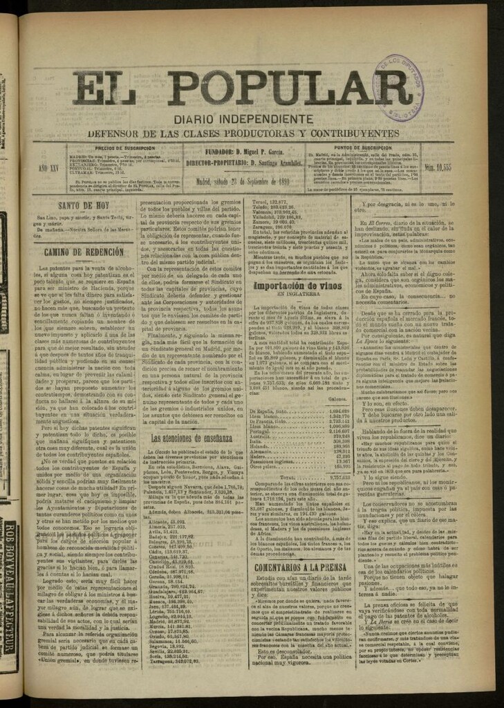 Miniatura de El Popular: diario independiente, político, literario y de noticias de interés general del 23 de septiembre de 1893, nº 10555