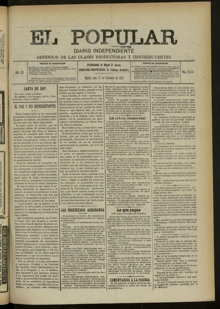 Miniatura de El Popular: diario independiente, político, literario y de noticias de interés general del 25 de septiembre de 1893, nº 10556