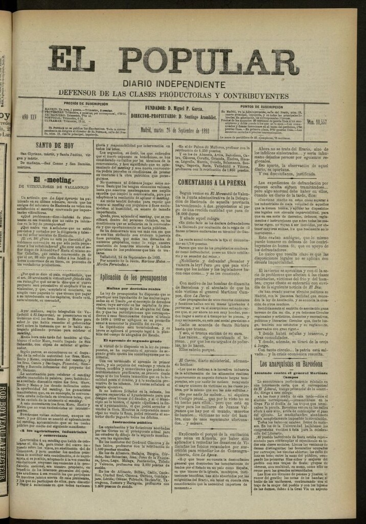 Miniatura de El Popular: diario independiente, político, literario y de noticias de interés general del 26 de septiembre de 1893, nº 10557