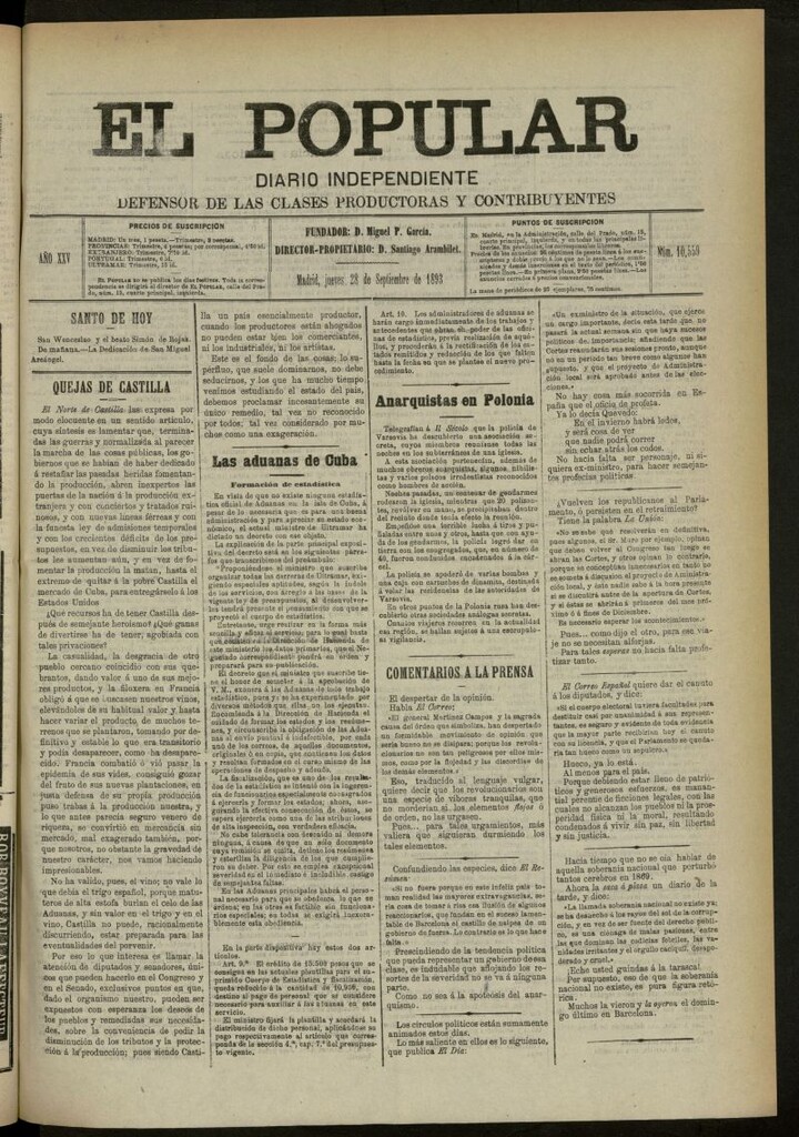 Miniatura de El Popular: diario independiente, político, literario y de noticias de interés general del 28 de septiembre de 1893, nº 10559