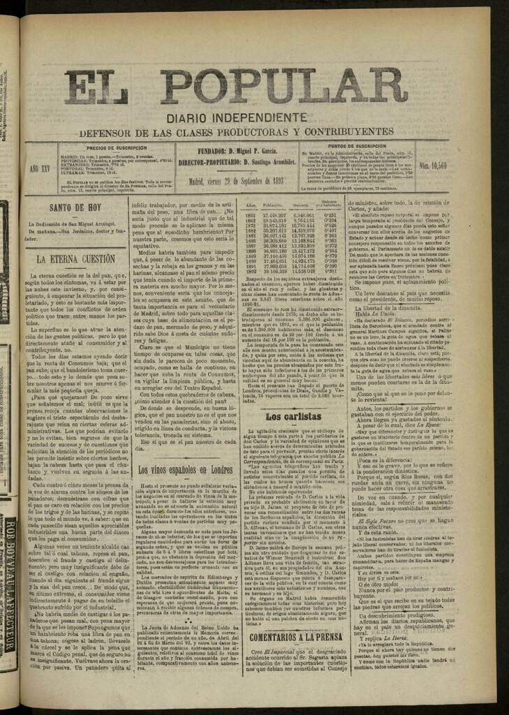 Miniatura de El Popular: diario independiente, político, literario y de noticias de interés general del 29 de septiembre de 1893, nº 10560