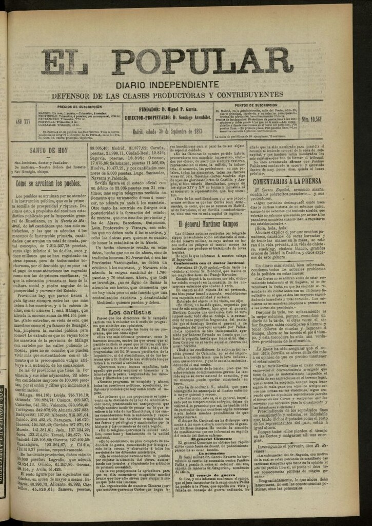 Miniatura de El Popular: diario independiente, político, literario y de noticias de interés general del 30 de septiembre de 1893, nº 10561