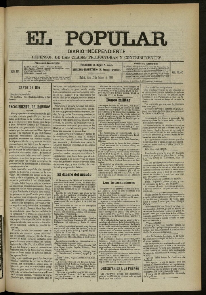 Miniatura de El Popular: diario independiente, político, literario y de noticias de interés general del 2 de octubre de 1893, nº 10562