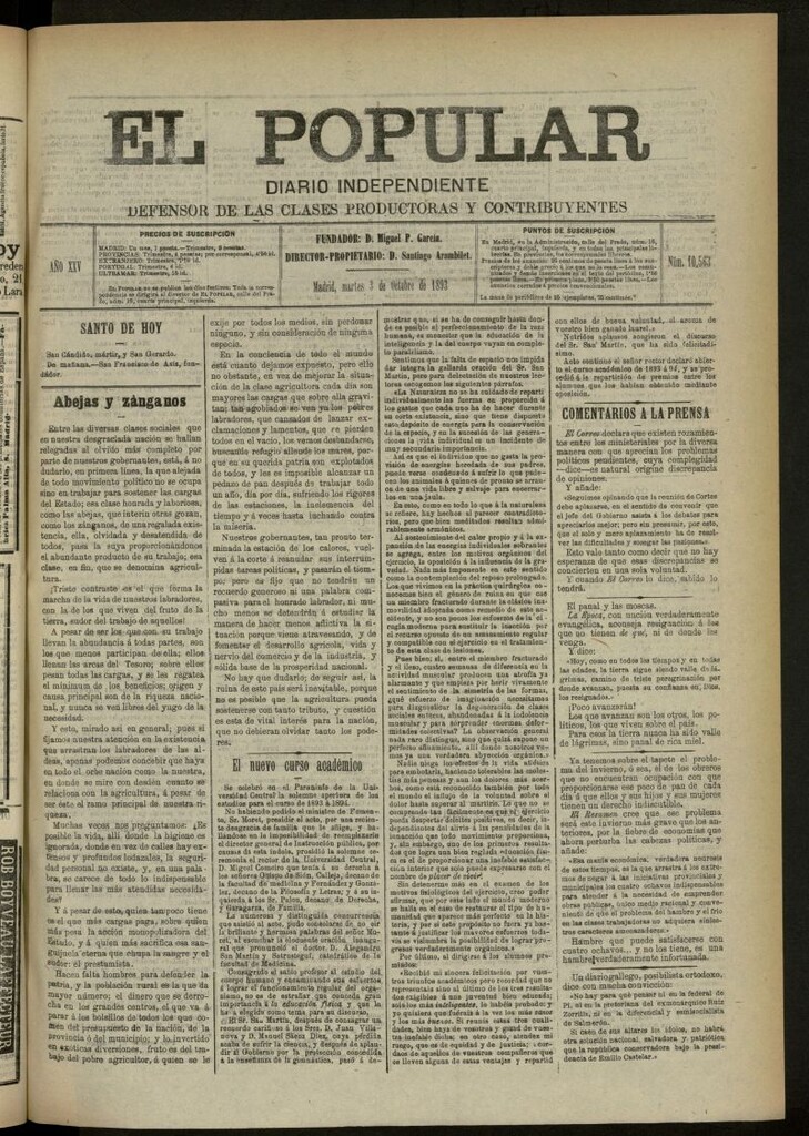 Miniatura de El Popular: diario independiente, político, literario y de noticias de interés general del 3 de octubre de 1893, nº 10563