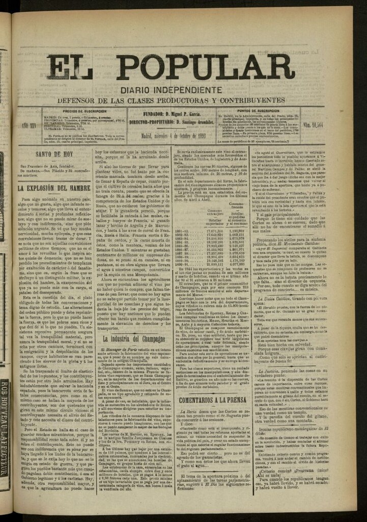 Miniatura de El Popular: diario independiente, político, literario y de noticias de interés general del 4 de octubre de 1893, nº 10564