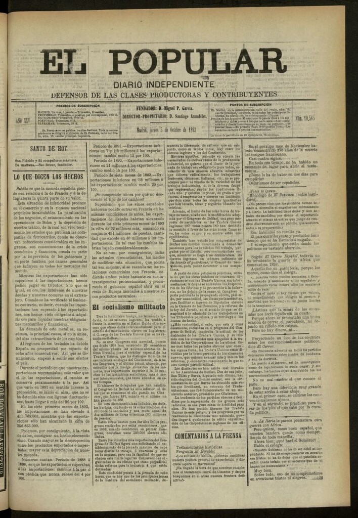 Miniatura de El Popular: diario independiente, político, literario y de noticias de interés general del 5 de octubre de 1893, nº 10565
