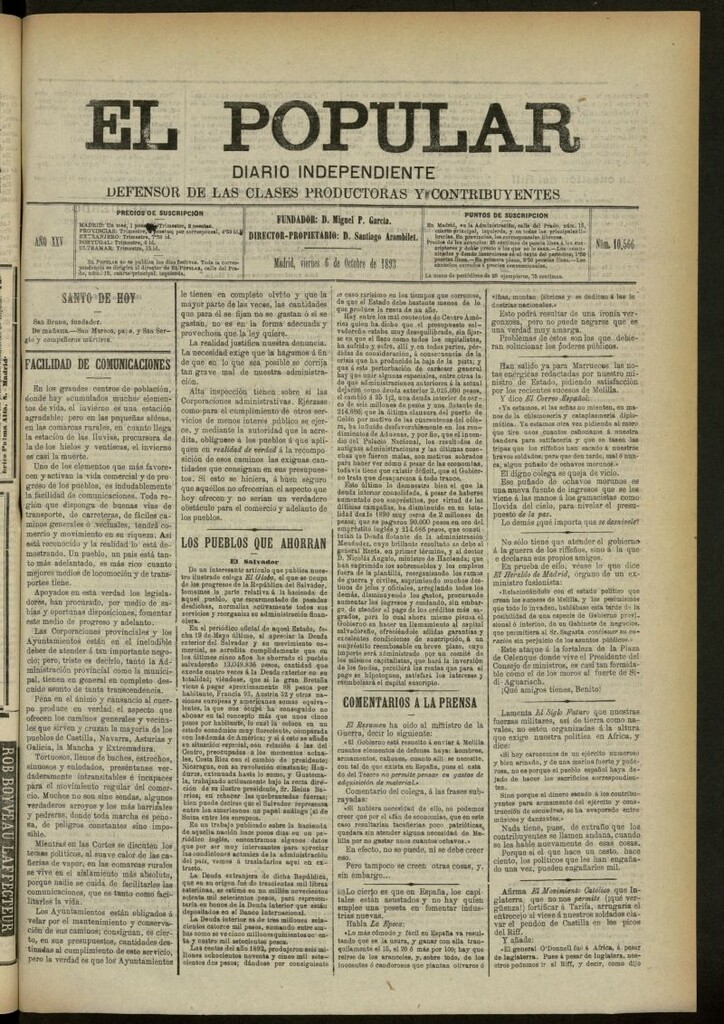 Miniatura de El Popular: diario independiente, político, literario y de noticias de interés general del 6 de octubre de 1893, nº 10566