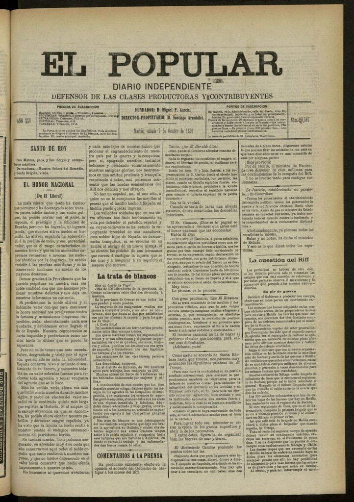 Miniatura de El Popular: diario independiente, político, literario y de noticias de interés general del 7 de octubre de 1893, nº 10567