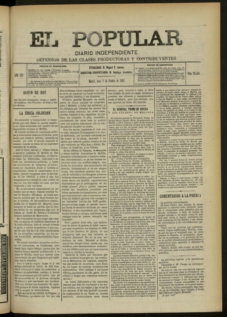 Miniatura de El Popular: diario independiente, político, literario y de noticias de interés general del 9 de octubre de 1893, nº 10568